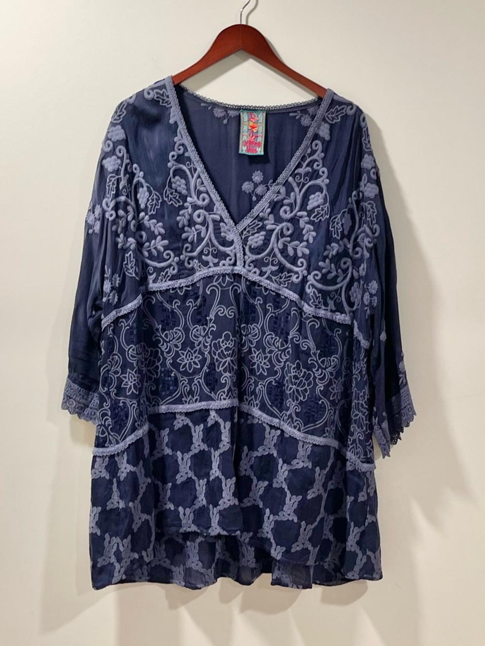 Johnny Was Embroidered Boho Mini Dress Blue Festival Peasant Small